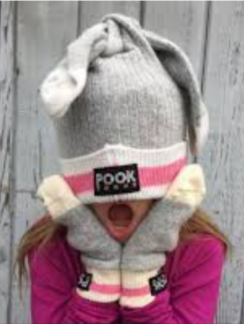 Pook Canada Sock Toque Grey Knit Beanie with Pink Stripe